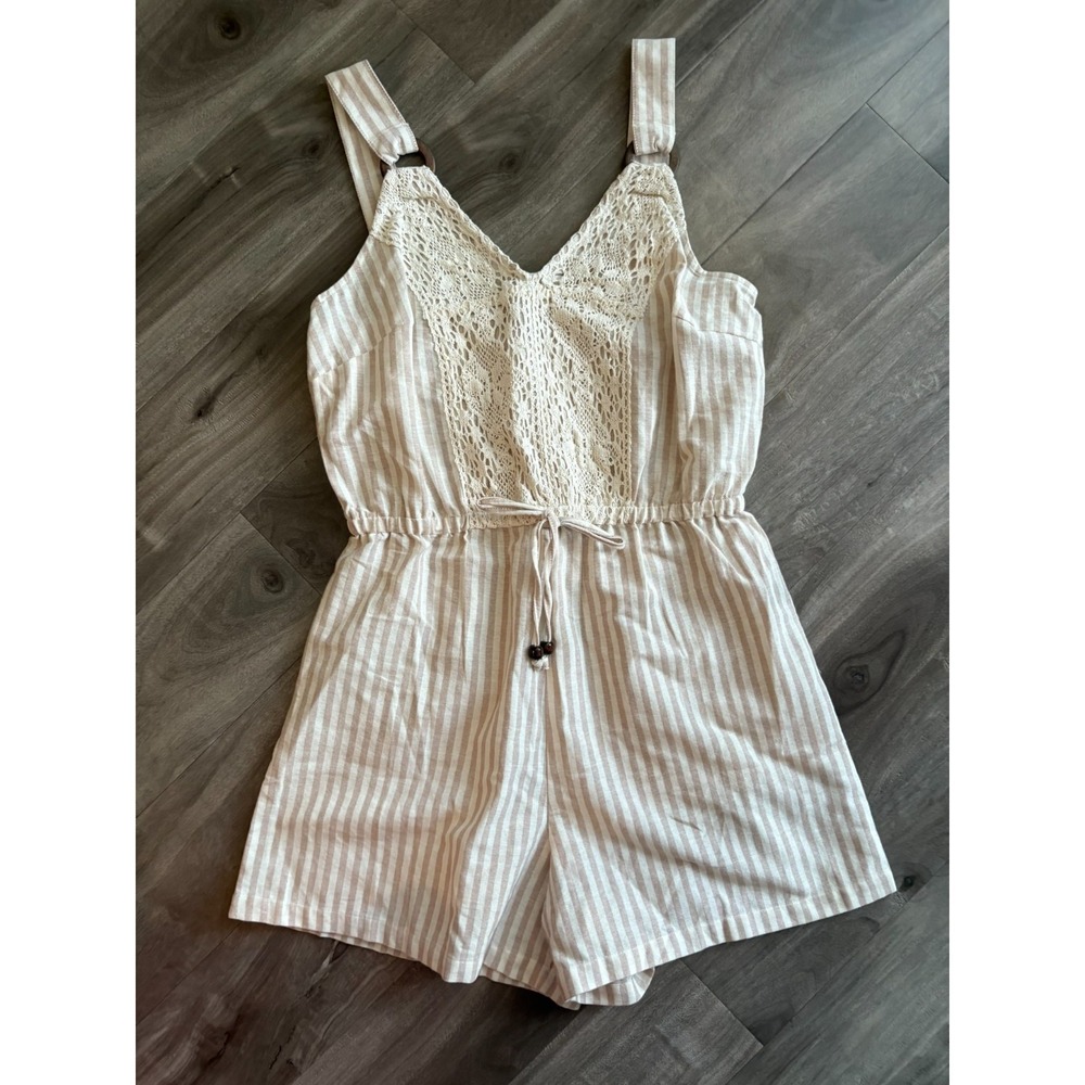 Women's Off-White Beige Romper Beaded Drawstring Lace Striped‎ Crochet Size M